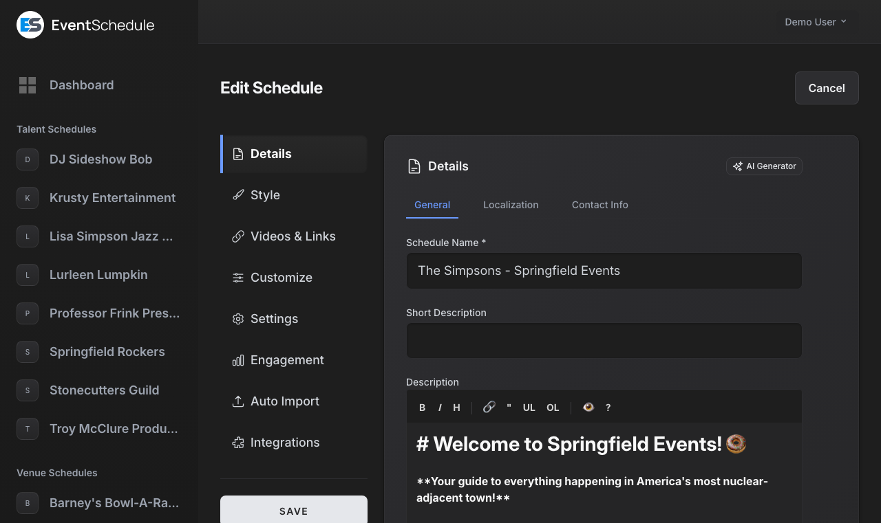Schedule details settings