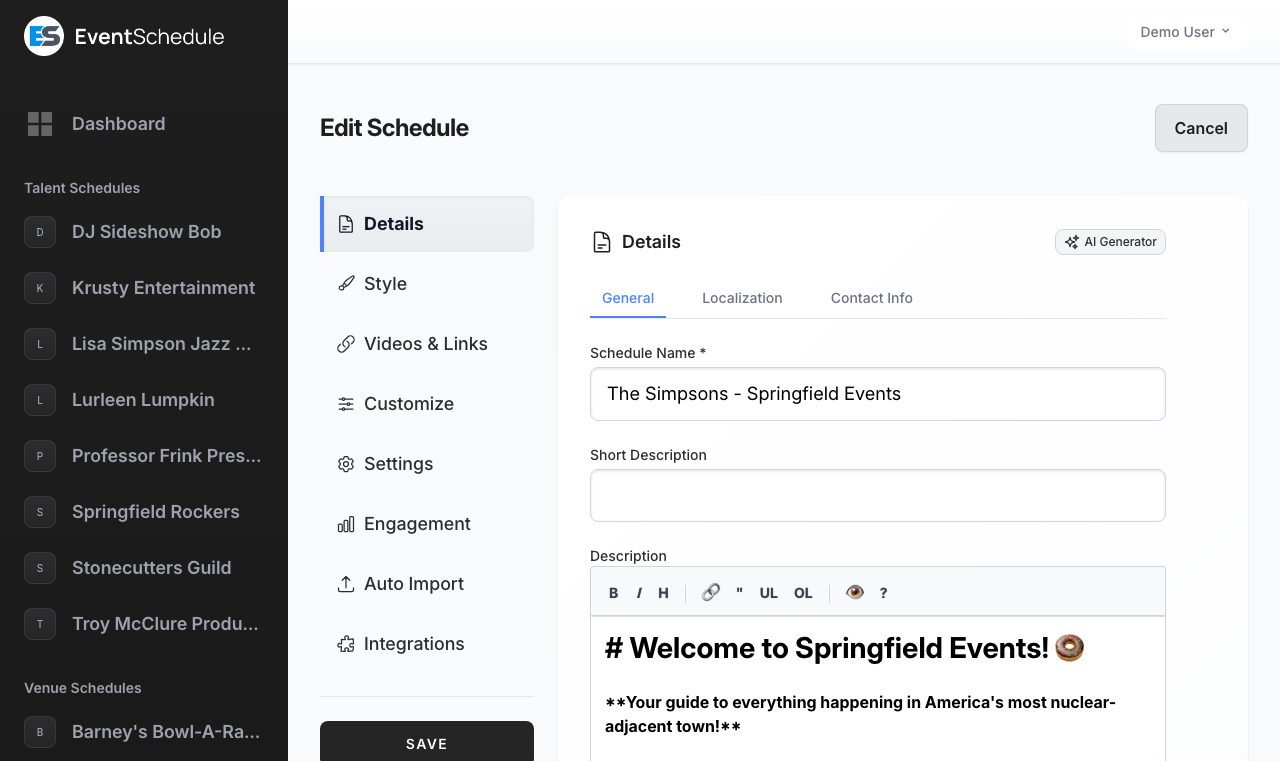 Schedule details settings