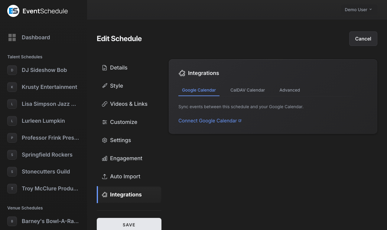 Calendar integration settings