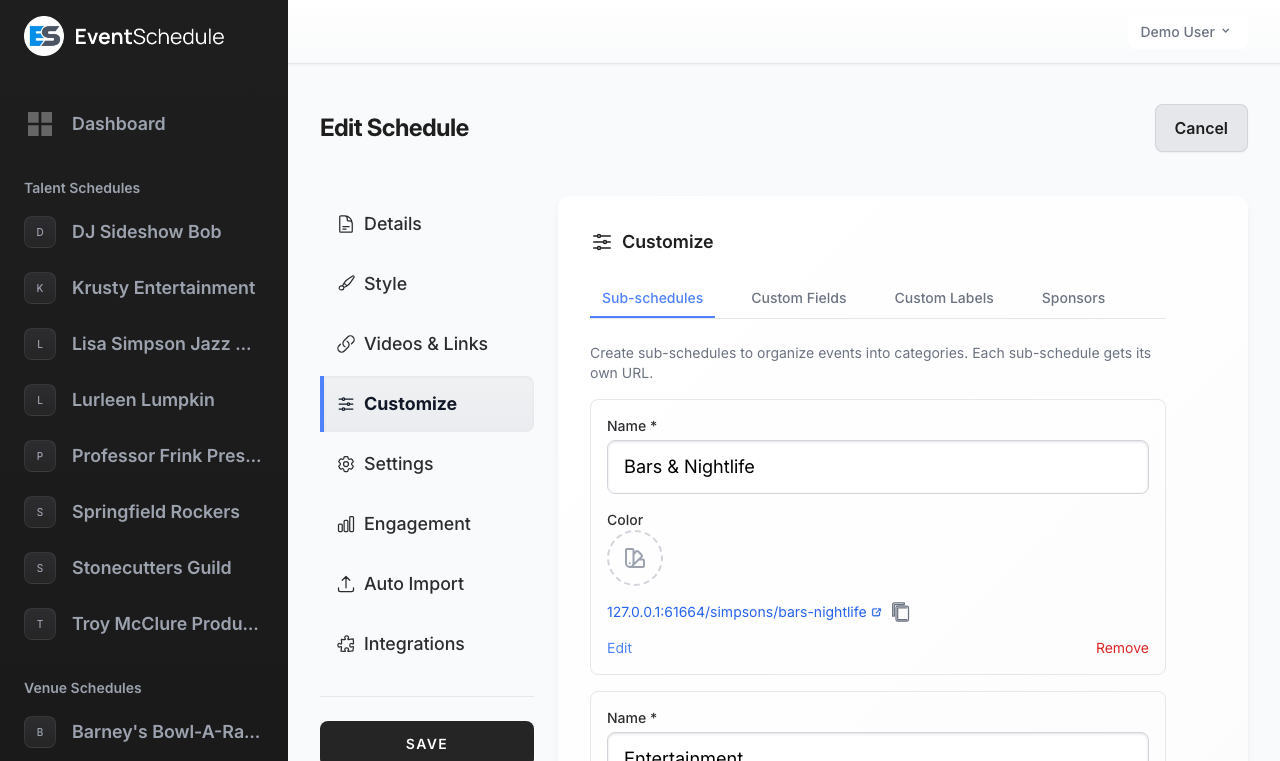 Sub-schedules settings