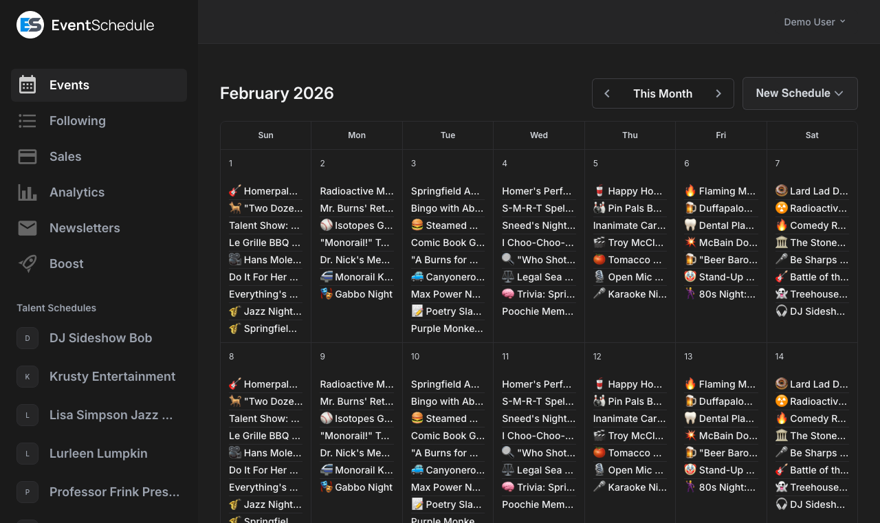Getvnt dashboard showing the month calendar, the sidebar list of schedules, and the New Schedule button