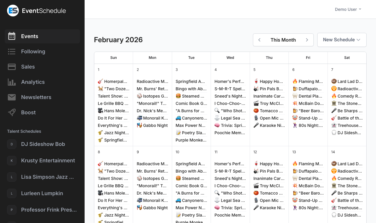 Getvnt dashboard showing the month calendar, the sidebar list of schedules, and the New Schedule button